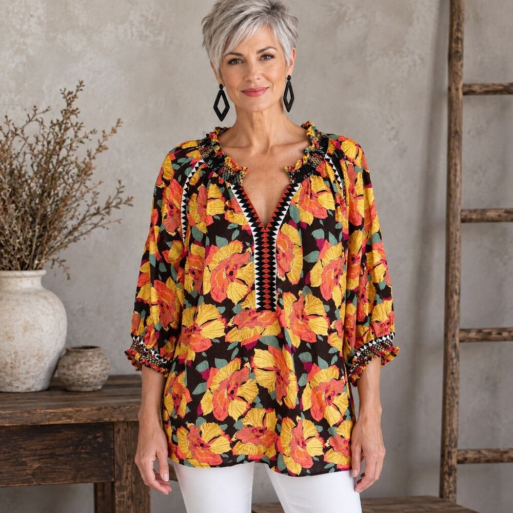 Sundance Orange Gold Brown Floral Embroidered Top XL